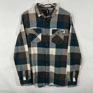 Vans Slim Fit Button Up Flannel Shirt Mens Size Medium Blue Brown Plaid Pockets